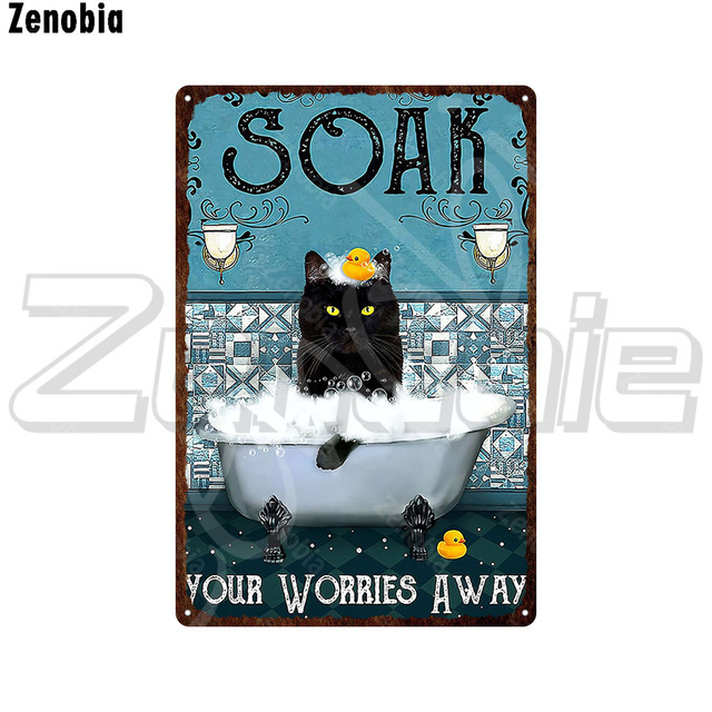Cat Taking A Bath Funny Metal Sign Black Cat Metal Poster Pet Bath Shop Tin Sign Animal Vintage Plaque Wall Stickers for Bathroom Home Art Decoration 