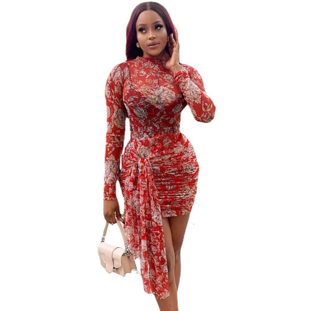 Wind Mesh Tight Dress Round Neck Long Sleeve Strap Wrapped Hip Skirt Sexy Trendy Pullover Children