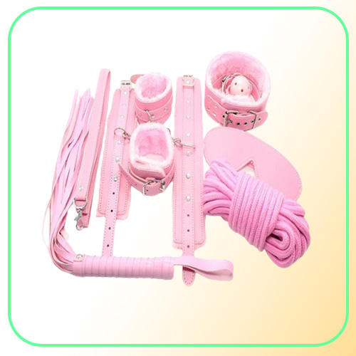 Bondage Pink PU Fur Bondage Set Gag Whip Hand Ankle Cuffs Blindfold Neck Collar E94
