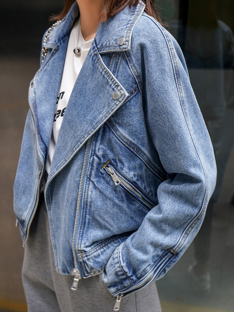 Womens Jackets Fitaylor Spring Autumn Motorcycle Denim Jacket Women Fashion Lapel Zipper Short Cowboy Streetwear Vintage Loose Coat Outwear 230808