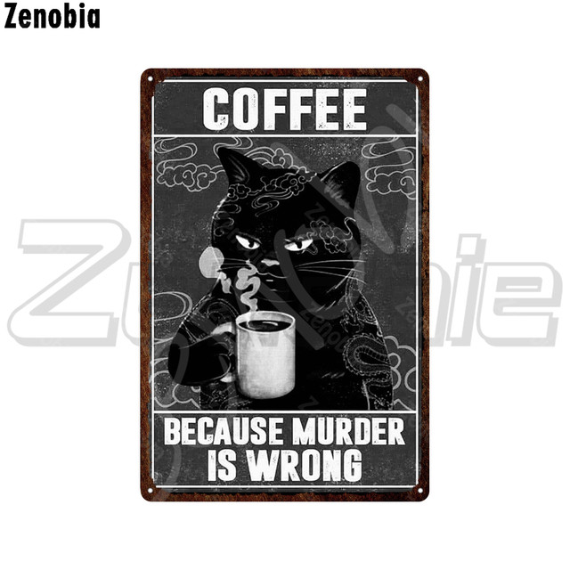 Black Cat Metal Poster Drinking Coffee and Beer Cat Metal Sign Read Books Tin Sign Plate Funny Animal Vintage Plaque for Pet Room Home Art Custom Deco