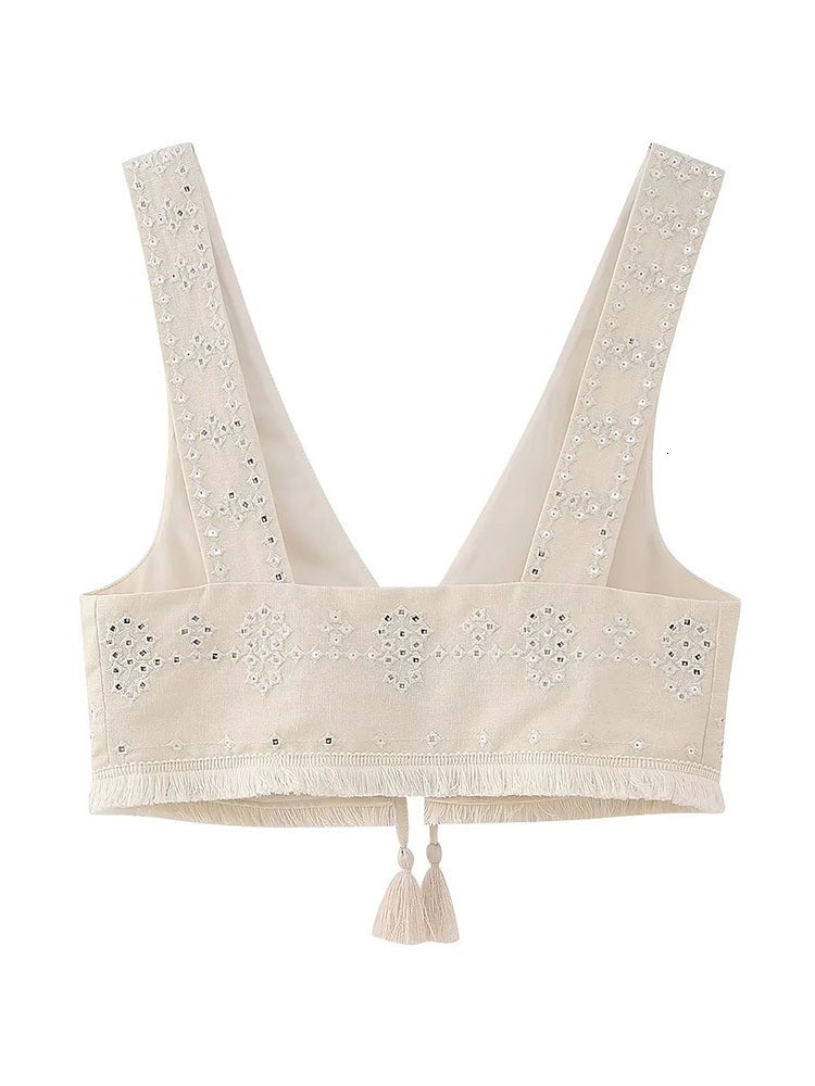 Women's Vests Sexy Y2K Embroidery Women V Neck Vest Lightweight Sleeveless Tassels Hem Slim Waistcoats Summer Fashion Female Crop Top 230808