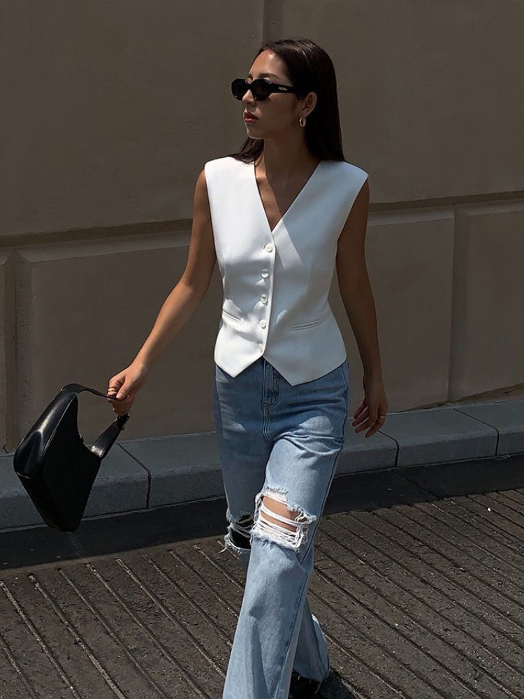 Women's Vests Vests Women Vintage Elegant V-neck Summer Simple Office Ladies Outerwear Fashion All-match Korean Style Temperament Clothes 230808