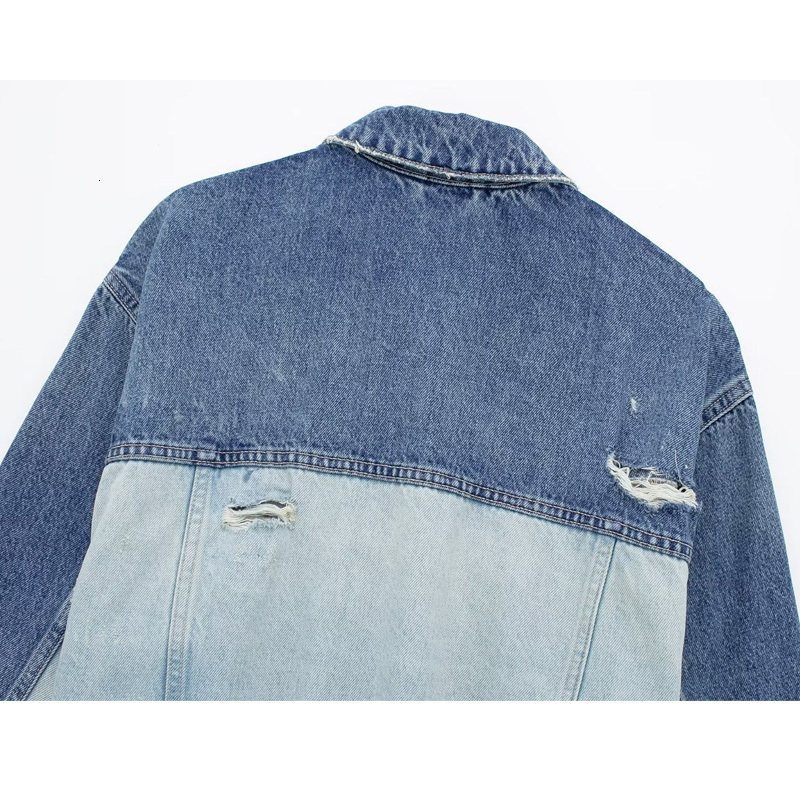 Womens Jackets TRAF Patchwork Denim Jacket Women Blue Jean Cropped Woman Long Sleeve Bomber for Streetwear Ripped Coats 230808