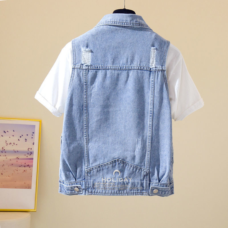 Women's Vests Women's Denim Vest Blue Sleeveless Female Jacket Korean Slim Jeans Coat Single-breasted Short Waistcoat Summer 230808
