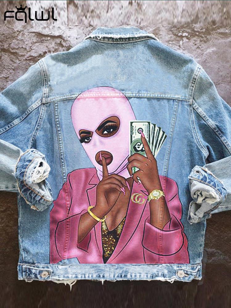 Womens Jackets FQLWL Streetwear Loose Fashion Jeans For Women Print Button Top Denim Coats Black Jacket Female 230808