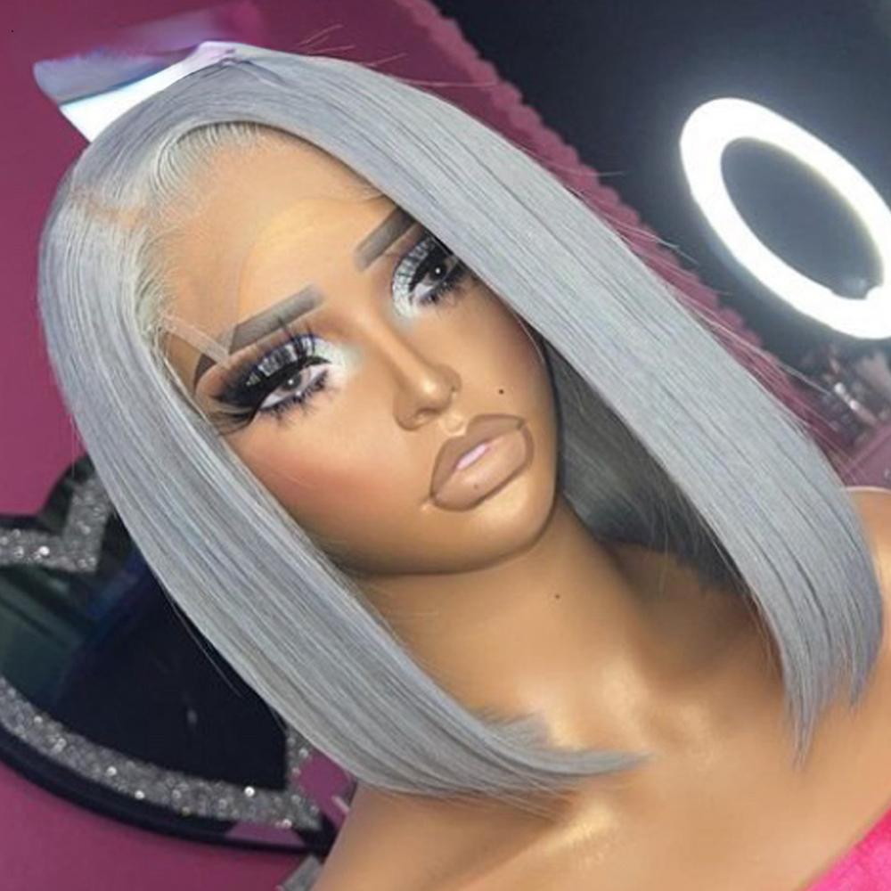 Free shipping Pink Short Front Human Hair 180 Density Bob Lace Wigs For Women Straight Synthetic Closure Wig