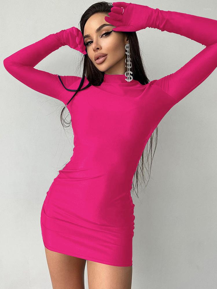 Casual Dresses Popular Round Collar Bodycon Women Dress With Gloves Autumn Cute Long Sleeve Elegant Black Mini For Party Night