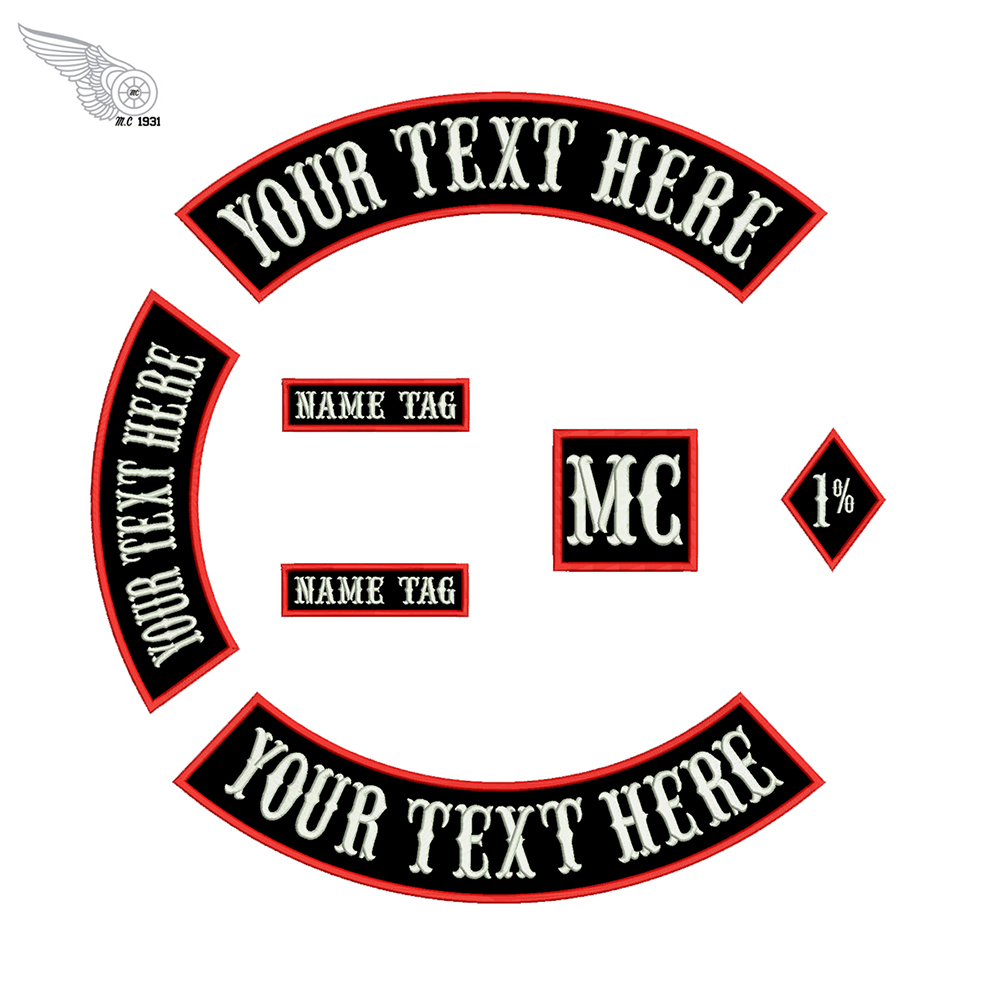 Custom Text Rocker Embroidery Patches MC Motorcycle Club Biker Rider Punk Iron on Patch Full Set 7Pcs Applique Vest Free Shipping