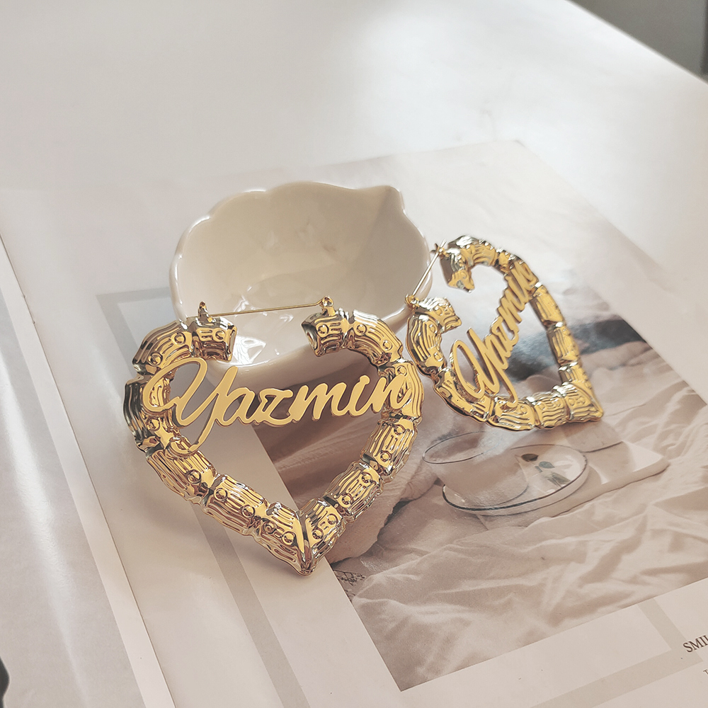Hoop Huggie 70mm Custom Earrings Love shape Hiphop Sexy Bamboo Hoop Earrings Customizable Name Earrings Bamboo Style Heart Bamboo Earrings 230808