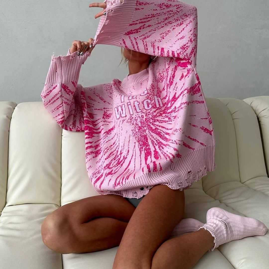 Wind Autumn Winter Hollow out Sweaters Cotton Small Female Style Casual Loose Round Neck Printed Woolen Fabric Top Female