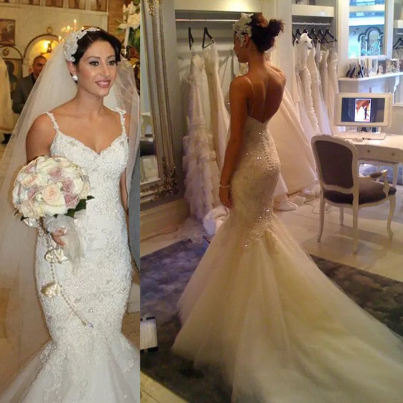 Plus Size Arabic Aso Ebi Mermaid Luxurious Wedding Dress Spaghetti Straps Applique Sparkly Real Image Bridal Gowns