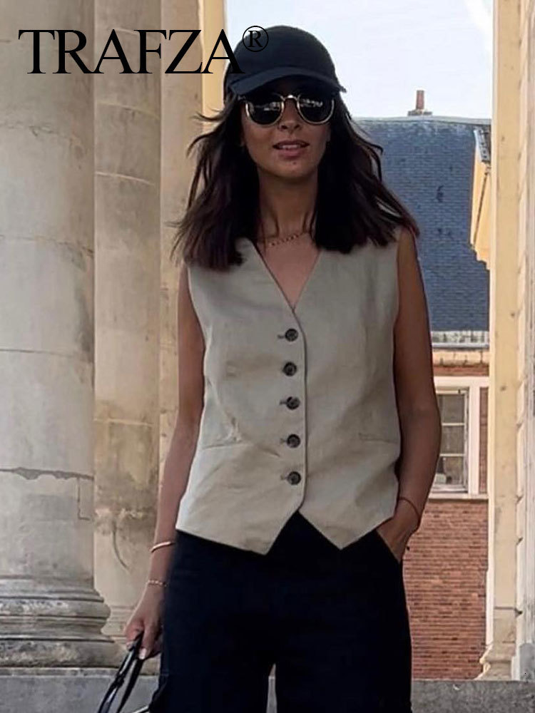 Women's Vests TRAFZA Summer Women Elegant Solid Waistcoat Single Breasted V Neck Casual Vest Top Female Fashion Streetwear Chic Outerwear Vest 23