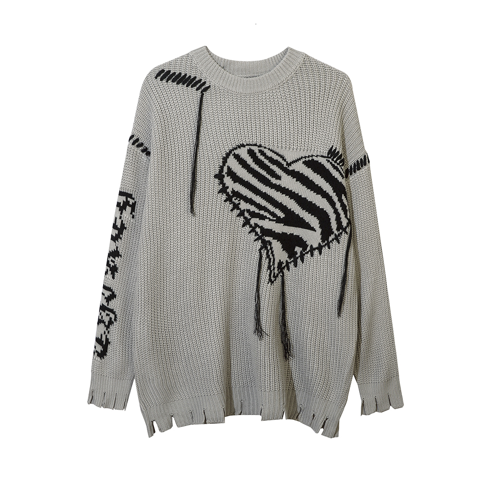 Men's Sweaters Love Pattern Ripped Tassel Hole Casual Pullover Sweater for Men and Women Baggy Y2k Ropa Hombre Moletom Masculinos Knitted Tops 23