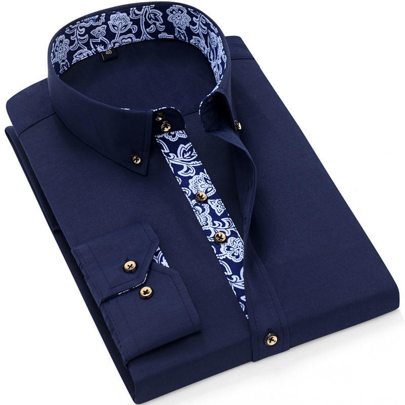 Men's Casual Shirts Blue-and-white Porcelain Collar Shirt Men Long Sleeve Korean SlimFit Casual Business Dress Shirts Solid Color White Shirt Cot