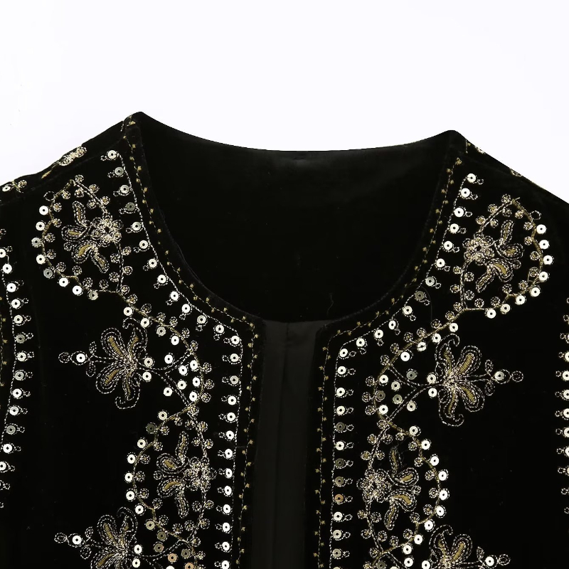Women's Vests Women Vintage O Neck Sequins Flower Embroidery Short Vest Jacket Ladies Sleeveless Casual Velvet WaistCoat Tops 230808