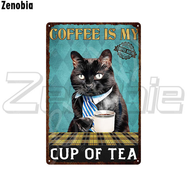 Black Cat Metal Poster Drinking Coffee and Beer Cat Metal Sign Read Books Tin Sign Plate Funny Animal Vintage Plaque for Pet Room Home Art Custom Deco