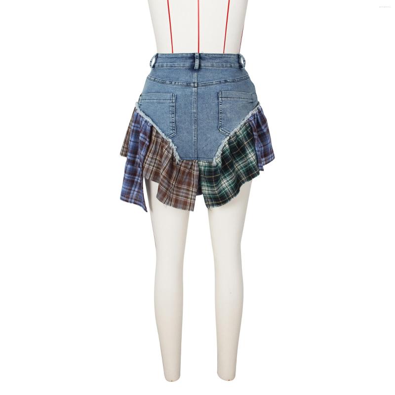 Skirts Streetwear For Woman Sexy Irregular Plaid Paneled Denim Mini Skirt Summer Patchwork Vintage Jeans Female Y2k Short D