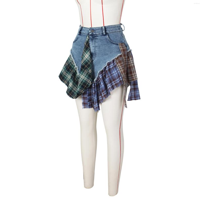 Skirts Streetwear For Woman Sexy Irregular Plaid Paneled Denim Mini Skirt Summer Patchwork Vintage Jeans Female Y2k Short D