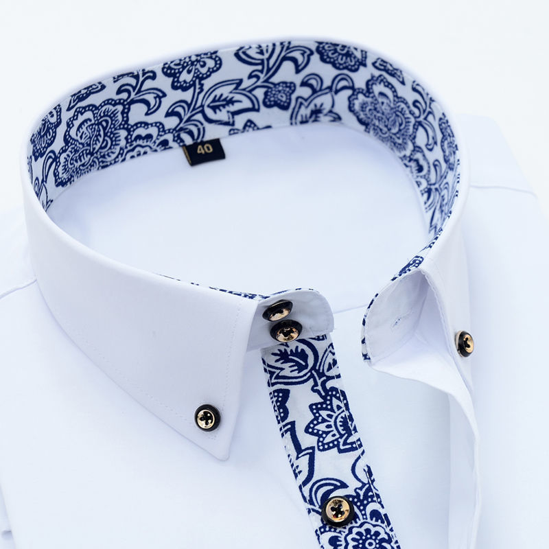 Men's Casual Shirts Blue-and-white Porcelain Collar Shirt Men Long Sleeve Korean SlimFit Casual Business Dress Shirts Solid Color White Shirt Cot