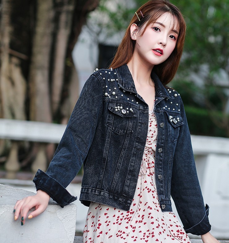 Womens Jackets short denim jacket with studded pearl loose spring and autumn 230808