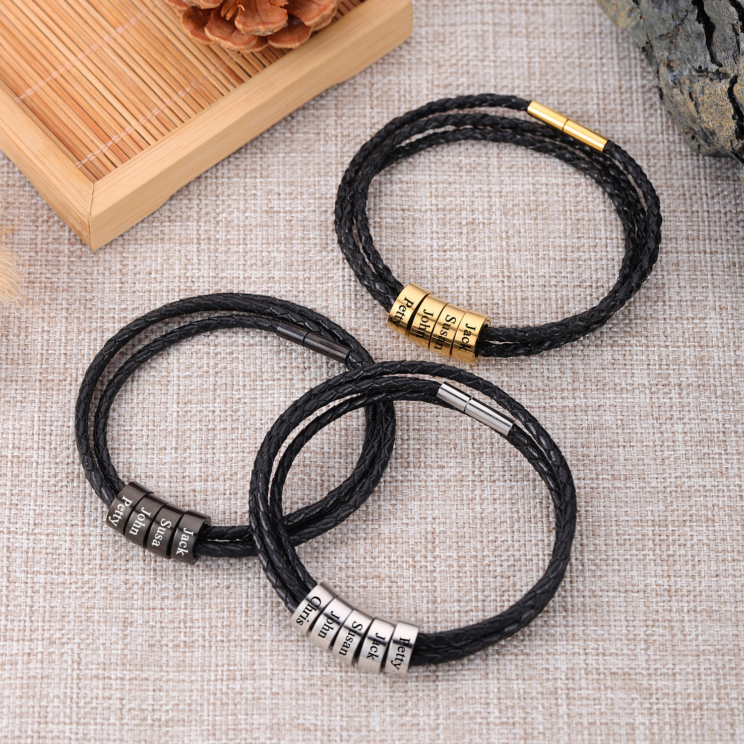 Charm Bracelets Father'sDay Gift Leather Cord Bracelet Personalized Family Name Pendant Stainless Steel Beads Custom Engraved Name Gift for Men 2