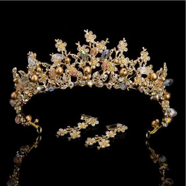 Wedding Hair Jewelry Pink Gold Color Pearl Bridal Crowns Handmade Tiara Bride Headband Crystal Wedding Diadem Queen Crown Wedding Hair Accessories 230