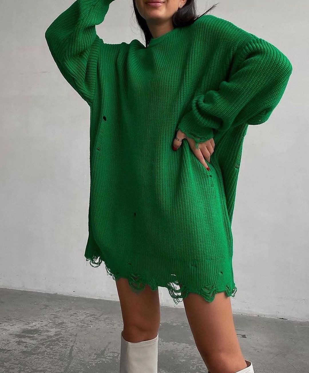2023 New Knitted Round Neck Loose Split Mid Length Long Sleeve Sweater