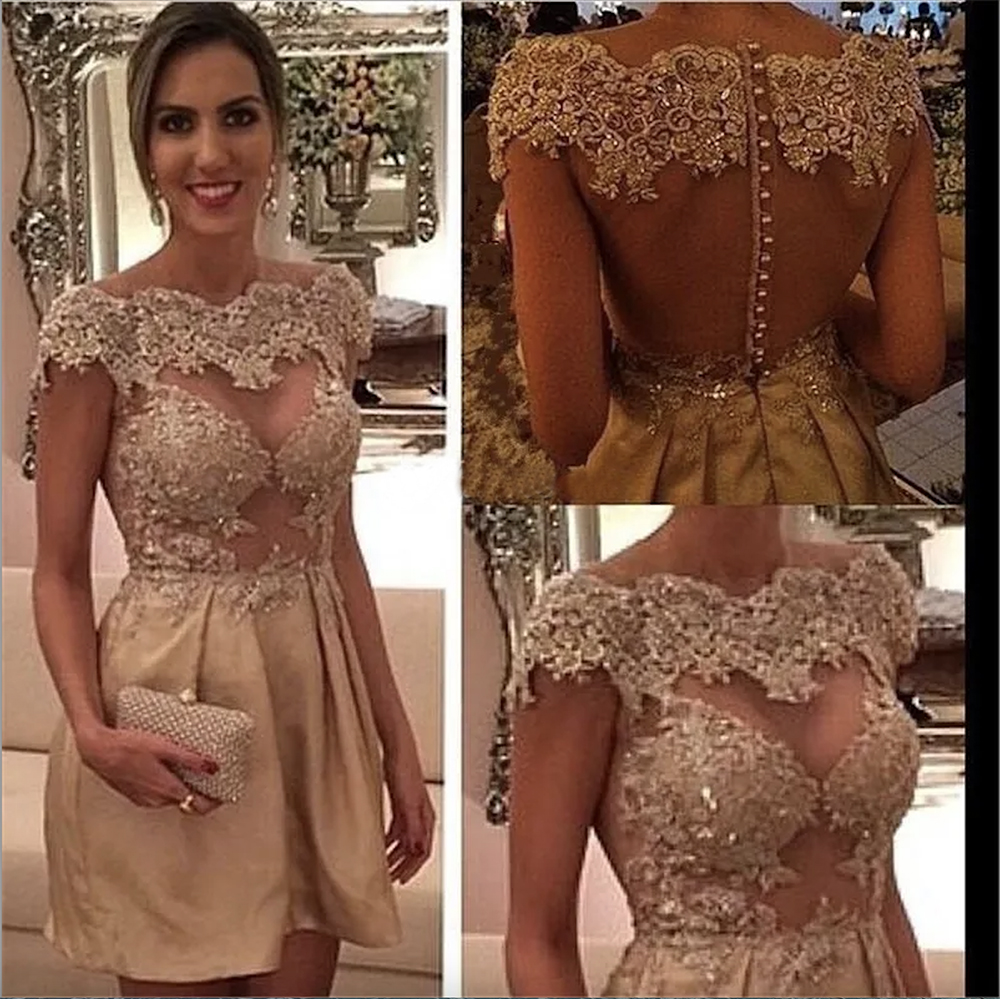 See Through Gold Short Homecoming Dresses Applique Tulle Cocktail Dress Illusion Button Lace Graduation Short Prom Dresses robe de soiree