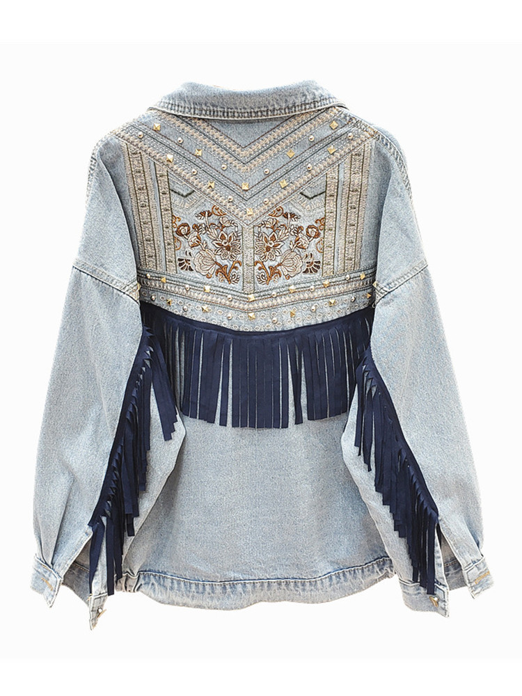 Womens Jackets Spring Autumn Embroidered Tassel Denim Coat Top Korean Vintage Ethnic Style Loose Jacket Women 230808