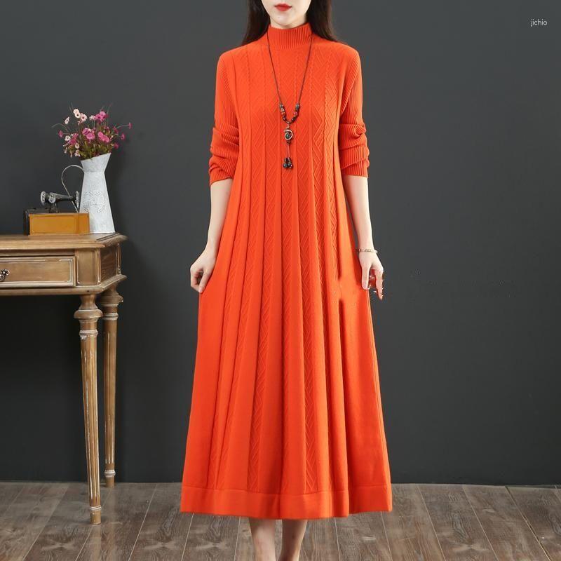 Casual Dresses Winter Long Knit Women Loose Solid Color Sweater Knitted Pullover Streetwear Female Sleeve Warm V12