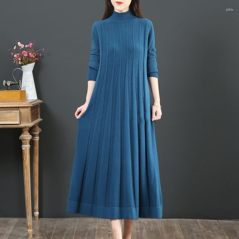 Casual Dresses Winter Long Knit Women Loose Solid Color Sweater Knitted Pullover Streetwear Female Sleeve Warm V12