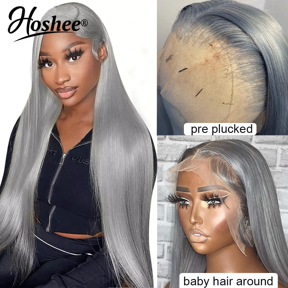 13x4 Straight Silver Grey Human Hair Wigs For Women Gray Transparent HD Lace Frontal Wig Glueless Colored Synthetic Wig Preplucked