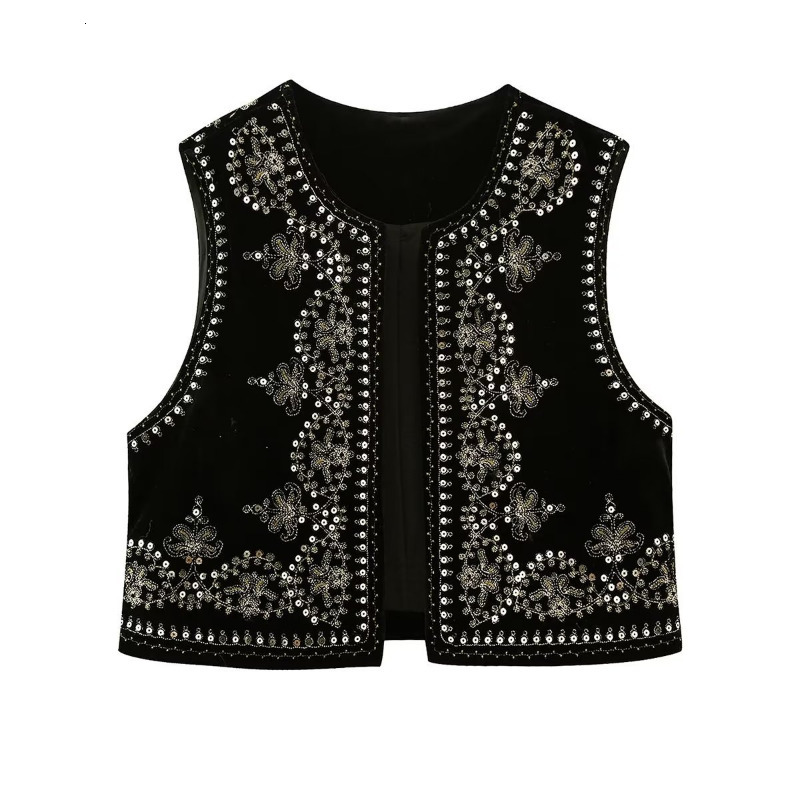 Women's Vests Women Vintage O Neck Sequins Flower Embroidery Short Vest Jacket Ladies Sleeveless Casual Velvet WaistCoat Tops 230808