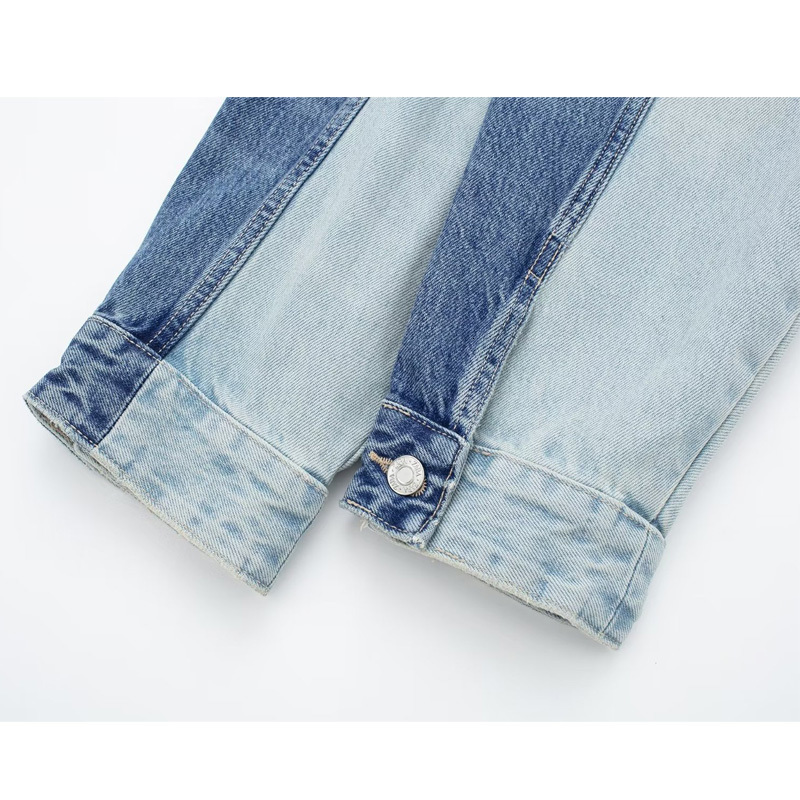 Womens Jackets TRAF Patchwork Denim Jacket Women Blue Jean Cropped Woman Long Sleeve Bomber for Streetwear Ripped Coats 230808