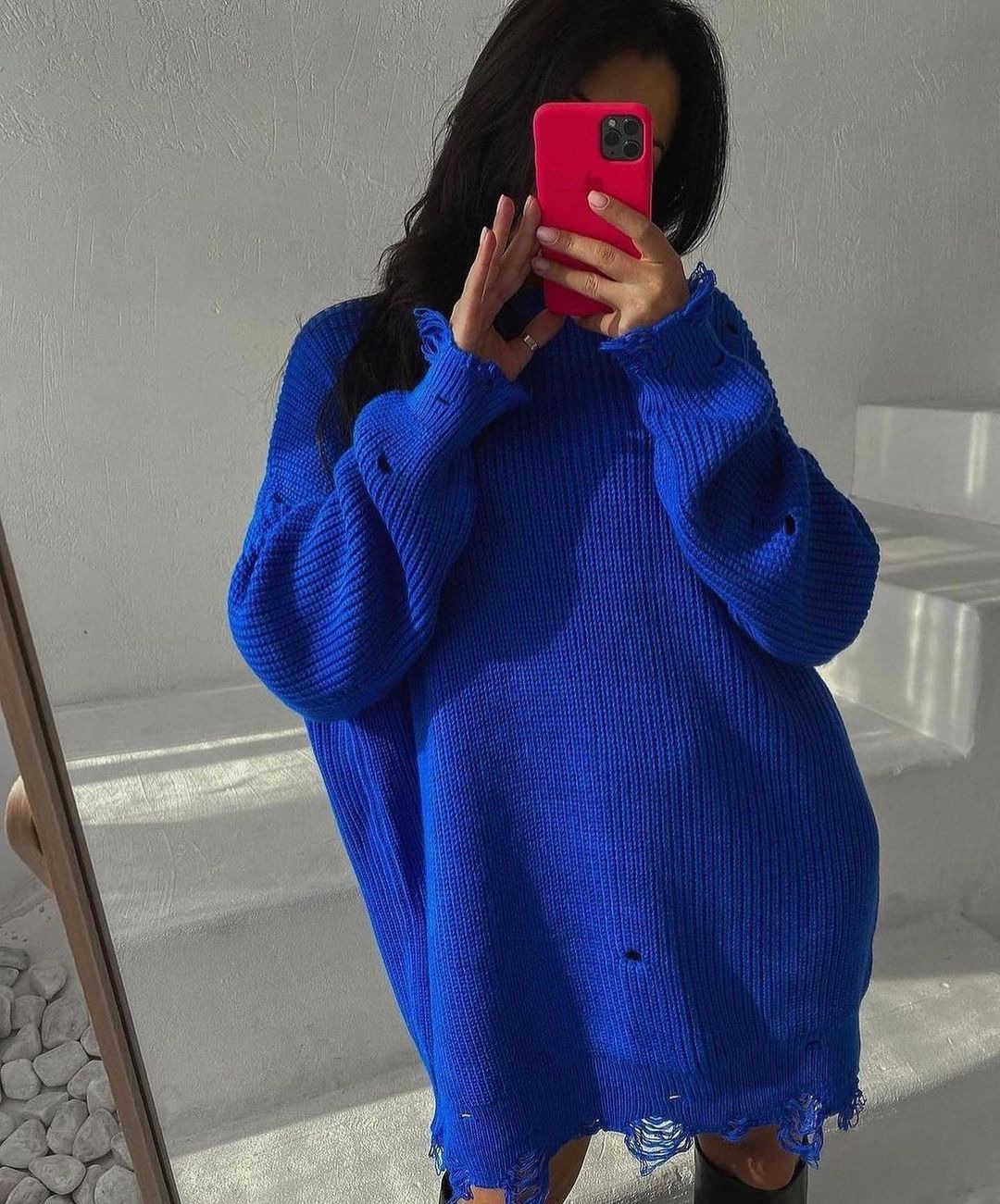 2023 New Knitted Round Neck Loose Split Mid Length Long Sleeve Sweater