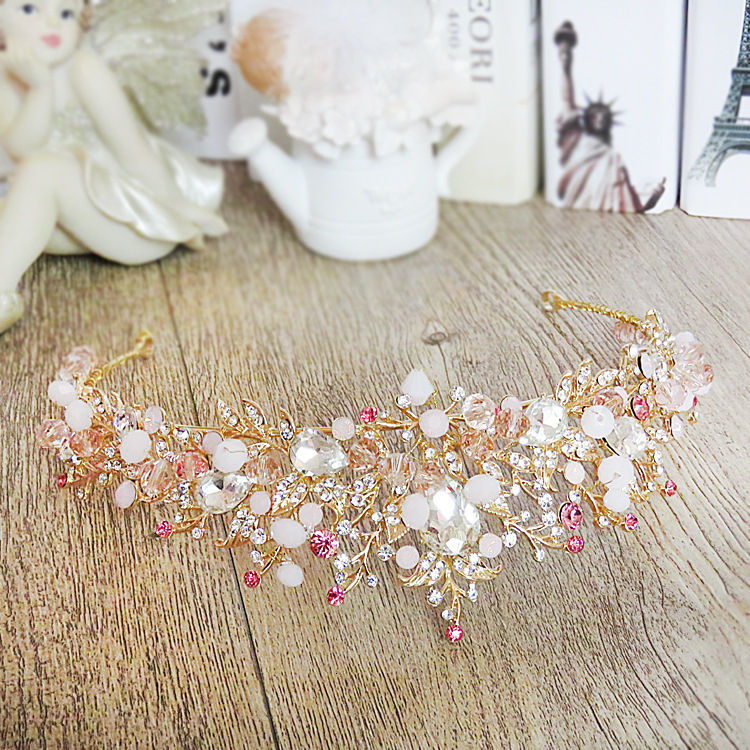 Wedding Hair Jewelry Brides Hair Jewelry Baroque Handmade Beaded Pink Gold Color Crowns Crystal Tiara Sweet Princess Tiaras Wedding Hair Accessories 2