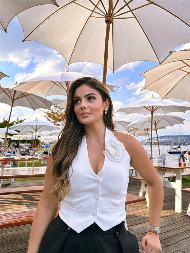Women's Vests TRAF Flowers White Vest Woman Off Shoulder Halter Crop Top Women Streetwear Summer Backless Chic And Elegant Woman Jacket 230808