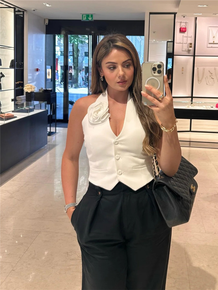 Women's Vests TRAF Flowers White Vest Woman Off Shoulder Halter Crop Top Women Streetwear Summer Backless Chic And Elegant Woman Jacket 230808