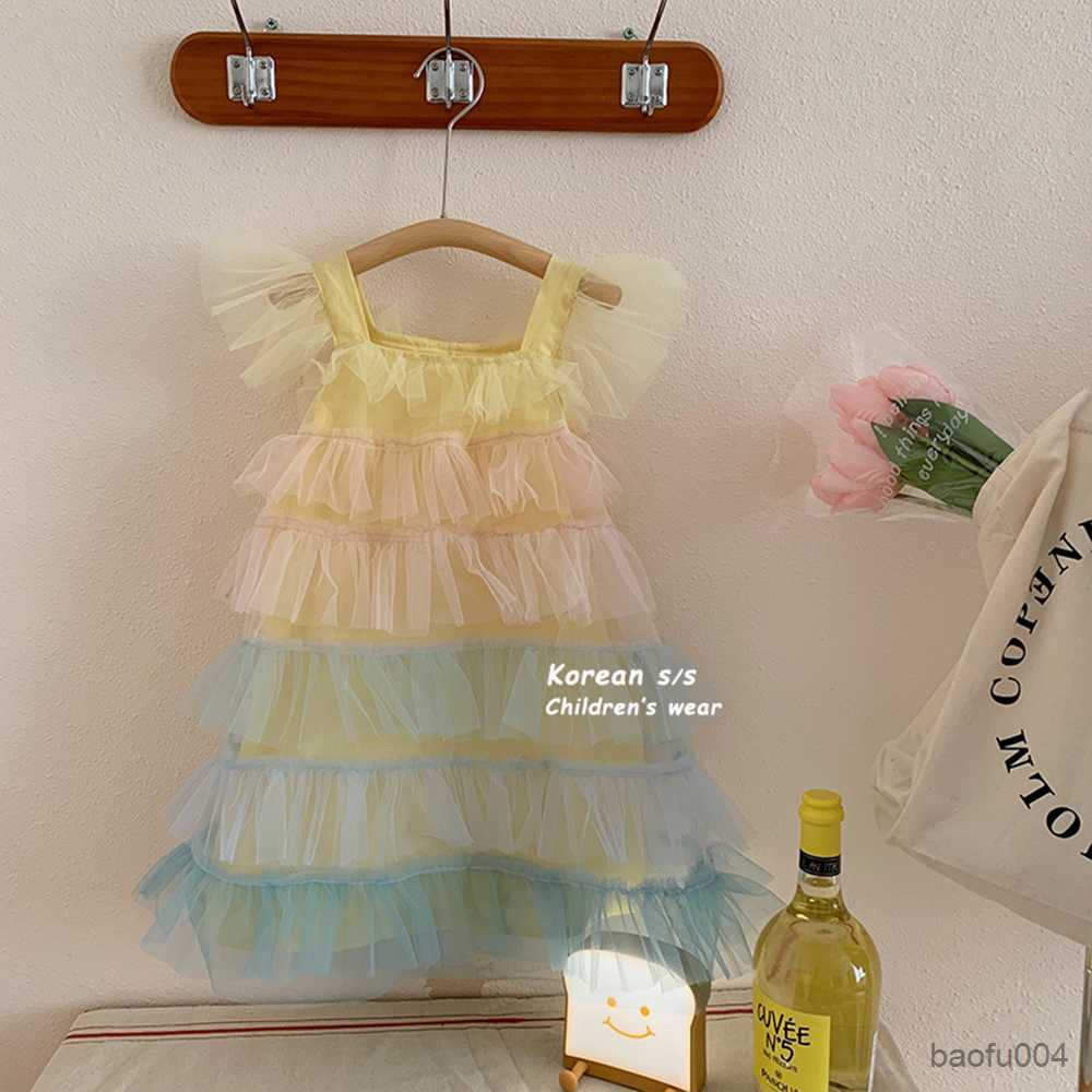Girl's Dresses Baju Anak Perempuan Baju Anak Baru Pelangi Berlapis-lapis Jaring Gaun Kue Dansa Putri Musim Panas Vestido Baju Anak R230808