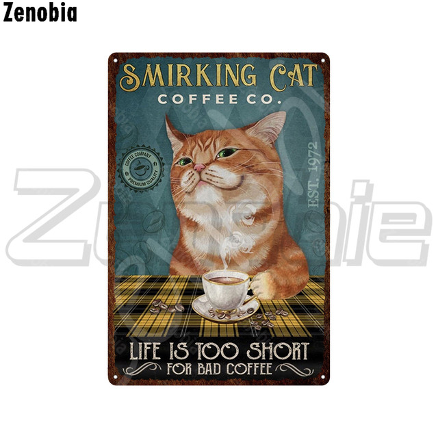 Black Cat Metal Poster Drinking Coffee and Beer Cat Metal Sign Read Books Tin Sign Plate Funny Animal Vintage Plaque for Pet Room Home Art Custom Deco