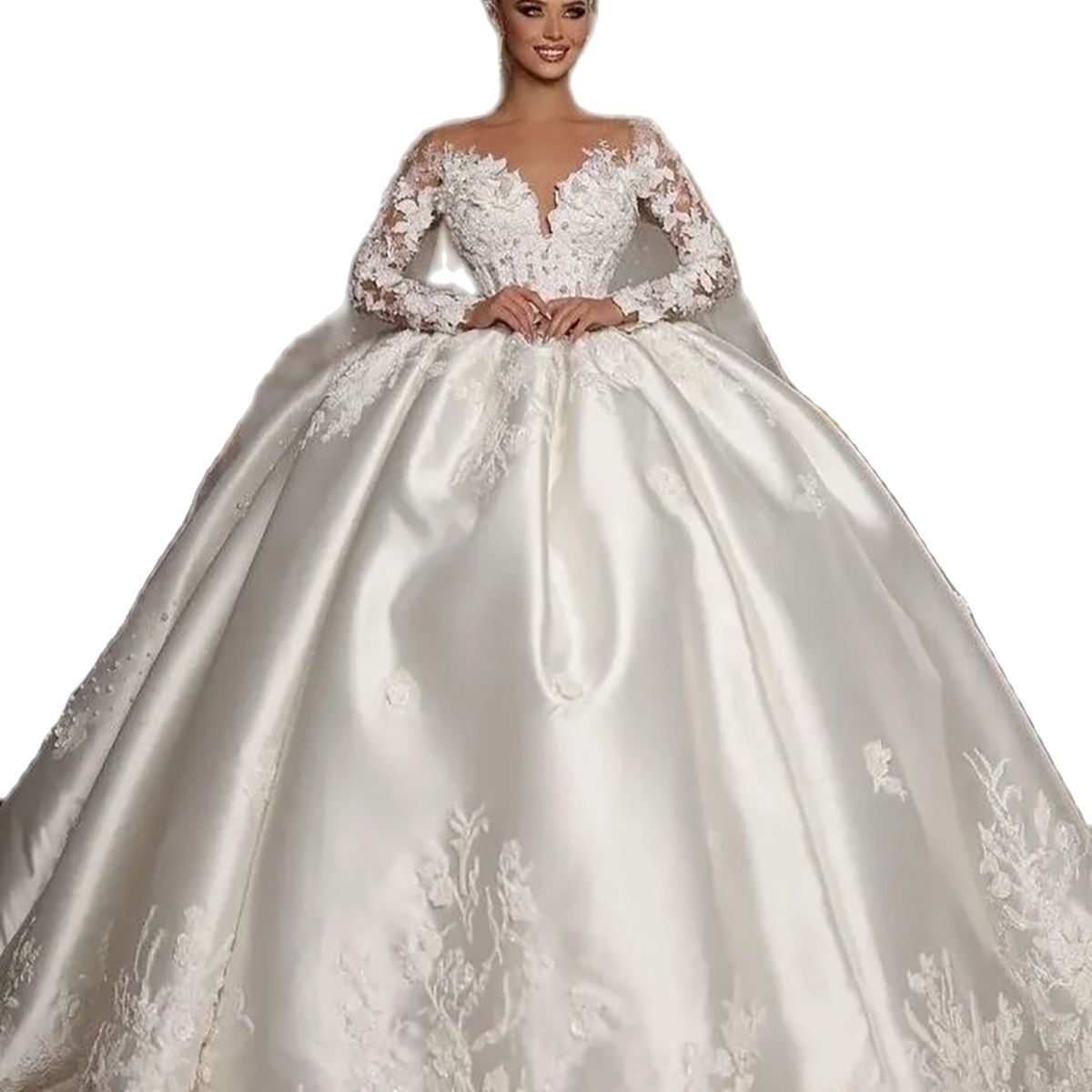 Satin Ball Gown Wedding Dress Lace Appliques Sheer Neck Bridal Gowns Long Sleeve Sweep Train Bride Dress vestido de casamento
