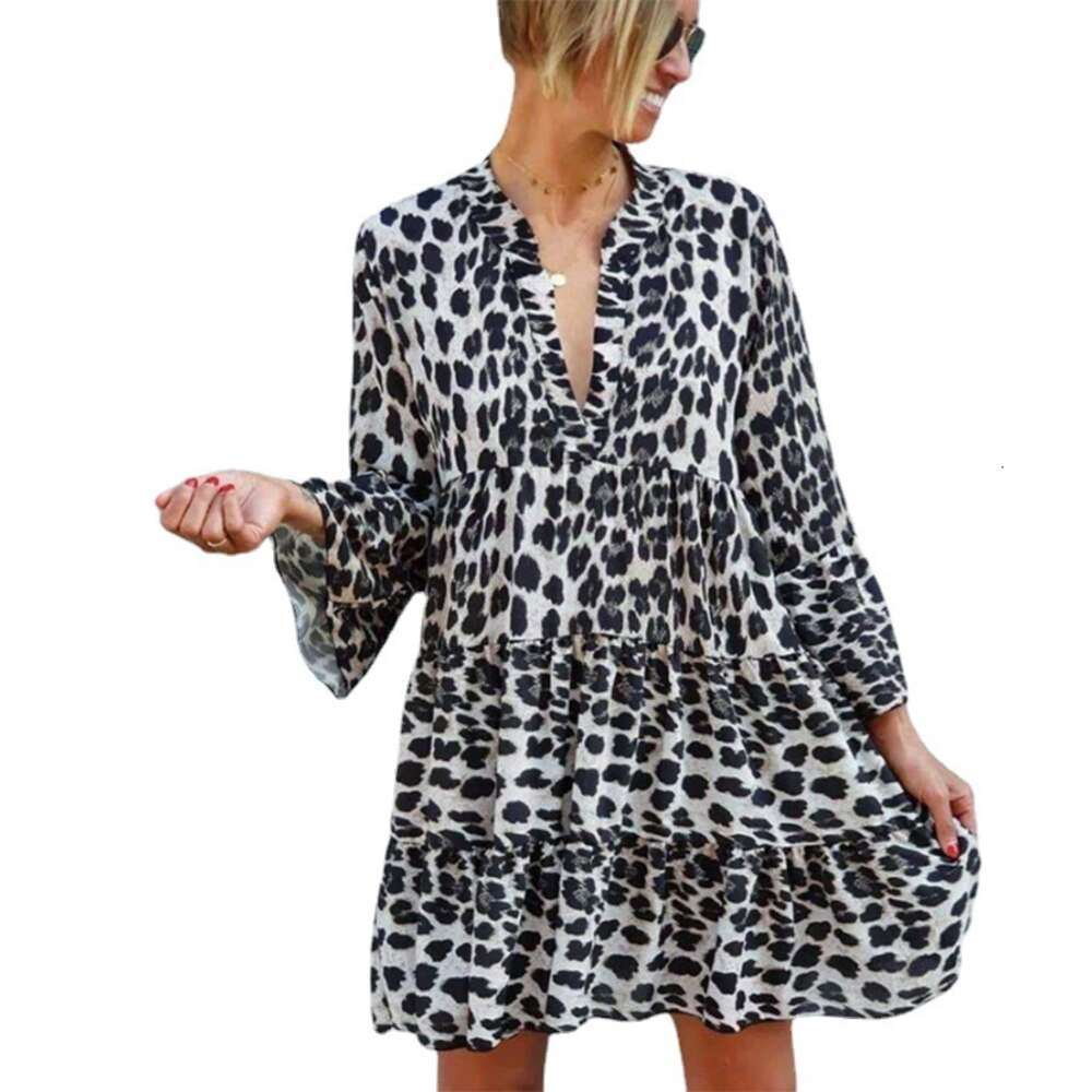 Spring And Summer Womens Animal Print Dress Long Sleeve V Neck Casual Resort Short
