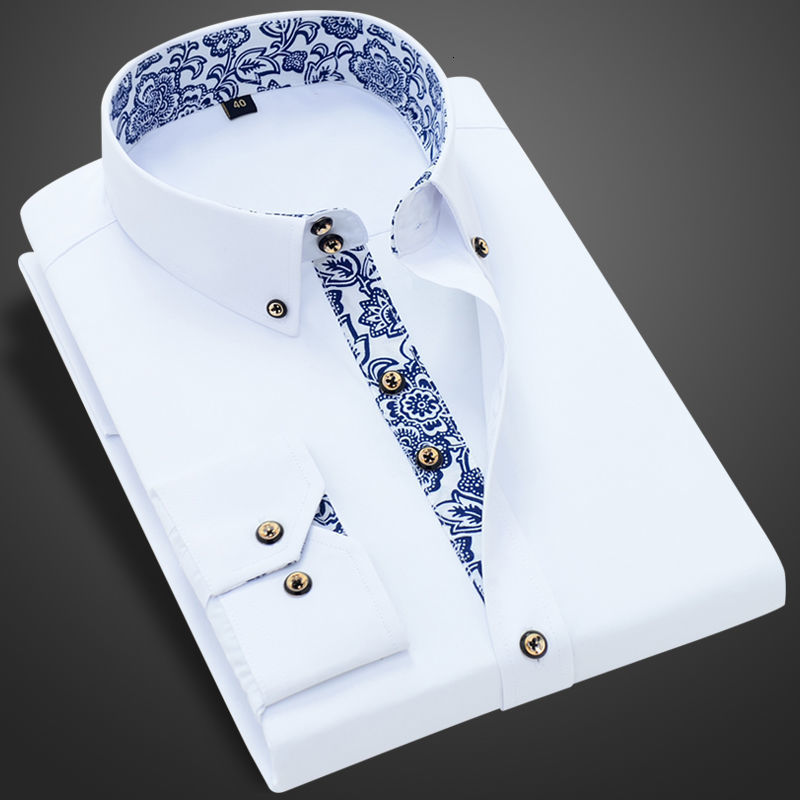 Men's Casual Shirts Blue-and-white Porcelain Collar Shirt Men Long Sleeve Korean SlimFit Casual Business Dress Shirts Solid Color White Shirt Cot