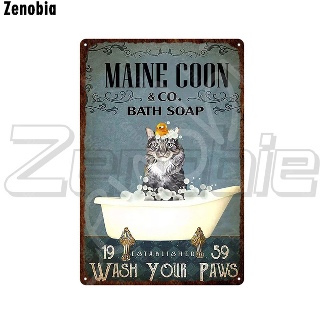 Cat Taking A Bath Funny Metal Sign Black Cat Metal Poster Pet Bath Shop Tin Sign Animal Vintage Plaque Wall Stickers for Bathroom Home Art Decoration 