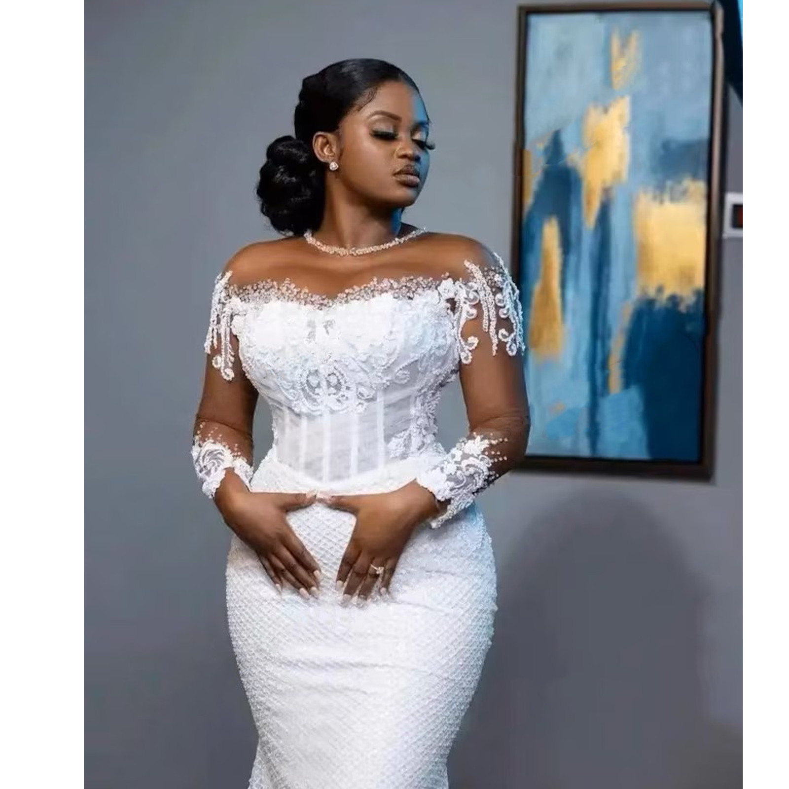 Arabic Dubai Wedding Dresses Ral Lace Illusion Scoop Neck Long Sleeves Bridal Gowns Sweep Train Vestidos De Novia Formal Pearls Brides Dress Plus Size