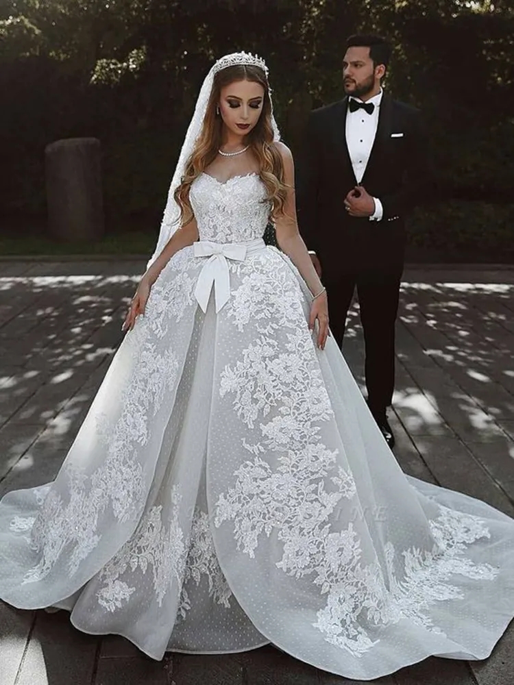 Exquisite Wedding Dress For Women Strapless A-line Bride Gowns Lace Up Appliques Tulle Bridal Robes Vestido De Novia