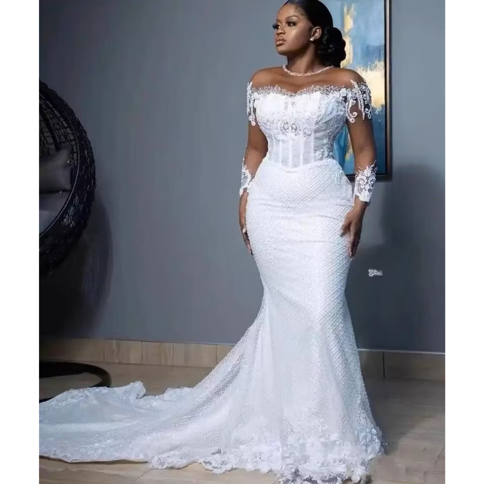 Arabic Dubai Wedding Dresses Ral Lace Illusion Scoop Neck Long Sleeves Bridal Gowns Sweep Train Vestidos De Novia Formal Pearls Brides Dress Plus Size