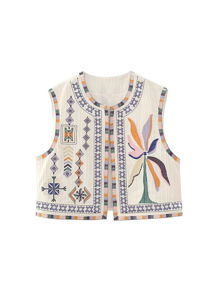 Women's Vests Floral Embroidered Short Cardigan for Women Vintage Sleeveless Round Neck Vests Summer Female Chic High Street Waistcoats 230808