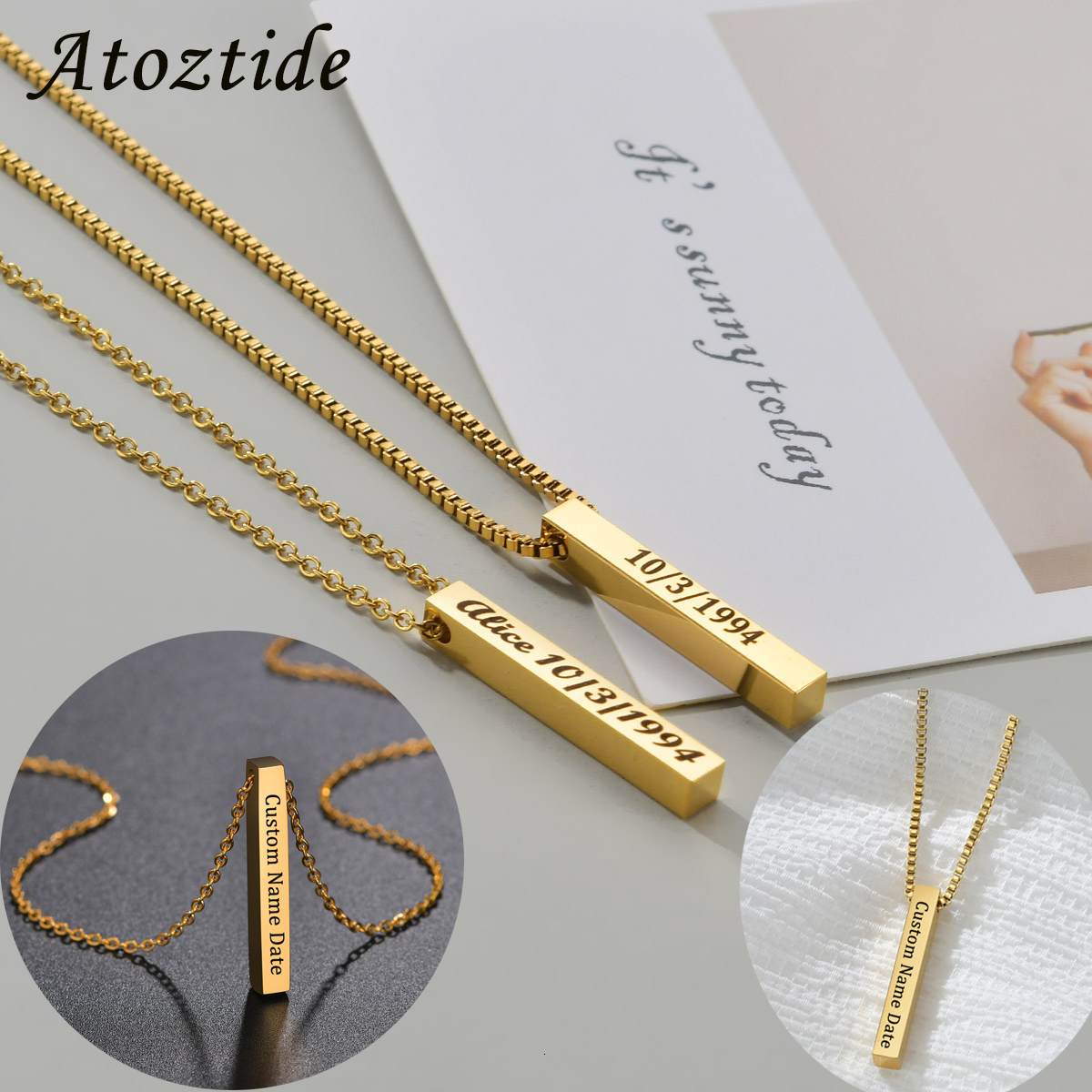 Charms Atoztide Personalized Four Sides Engraving Square Pendant Necklaces Stainless Steel Engraved Name Date For Women Jewelry Gift 230808